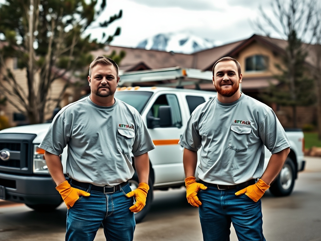 Spray foam insulation crew standing in front of a Littleton, Colorado home with the Front Range visible in the background