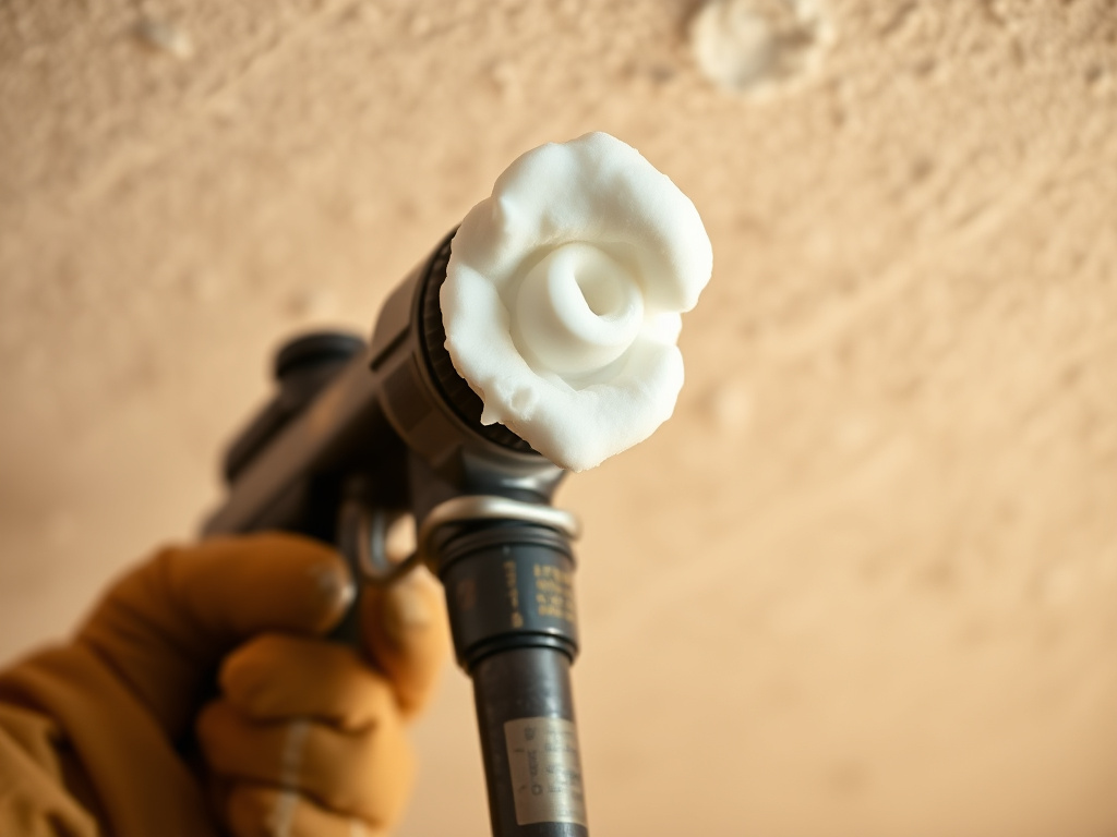 Close-up of a spray foam insulation gun applying cured foam texture