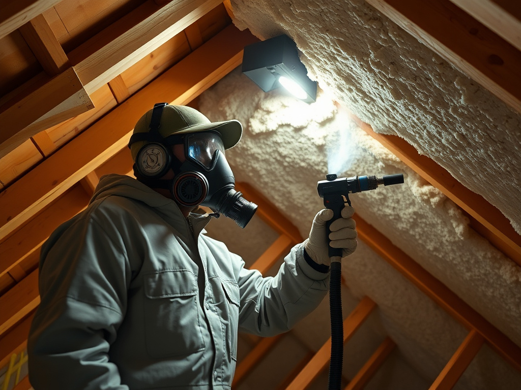 Technician spraying foam insulation onto an attic roof deck